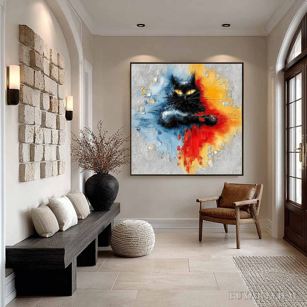 ARTOVITAS Midnight Gaze – Textured Abstract Black Cat Painting - image 4