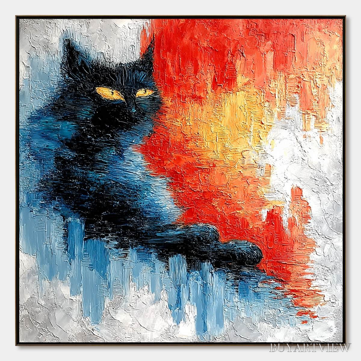 ARTOVITAS Ember Eyes – Textured Impasto Black Cat Painting on Canvas - image 1
