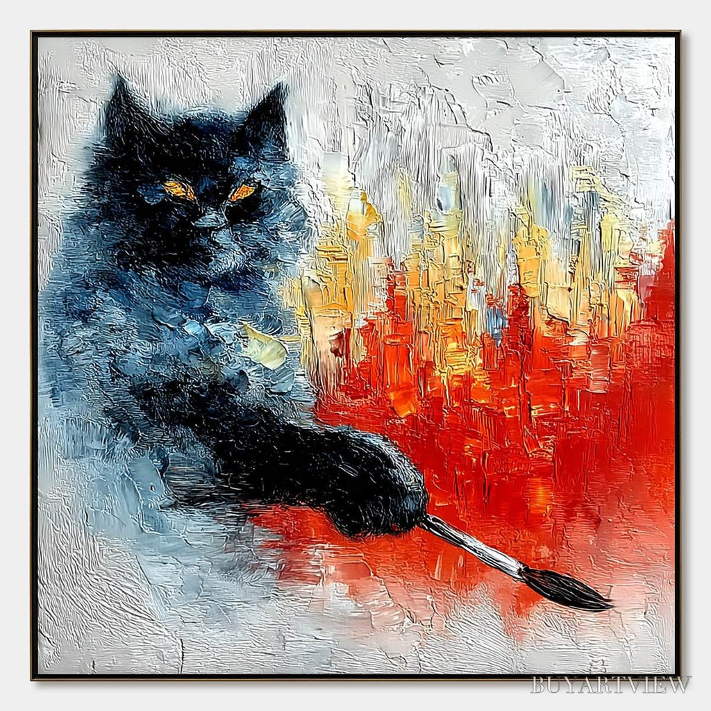 ARTOVITAS Midnight Painter – Textured Impasto Black Cat Painting with Abstract Colors - image 1