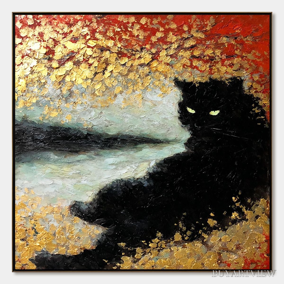 ARTOVITAS Golden Gaze – Textured Impasto Black Cat Painting with Gold Leaf - image 1