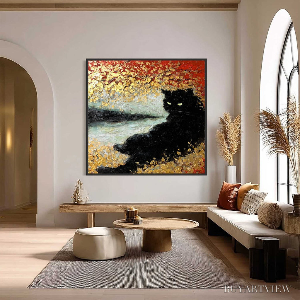 ARTOVITAS Golden Gaze – Textured Impasto Black Cat Painting with Gold Leaf - image 2