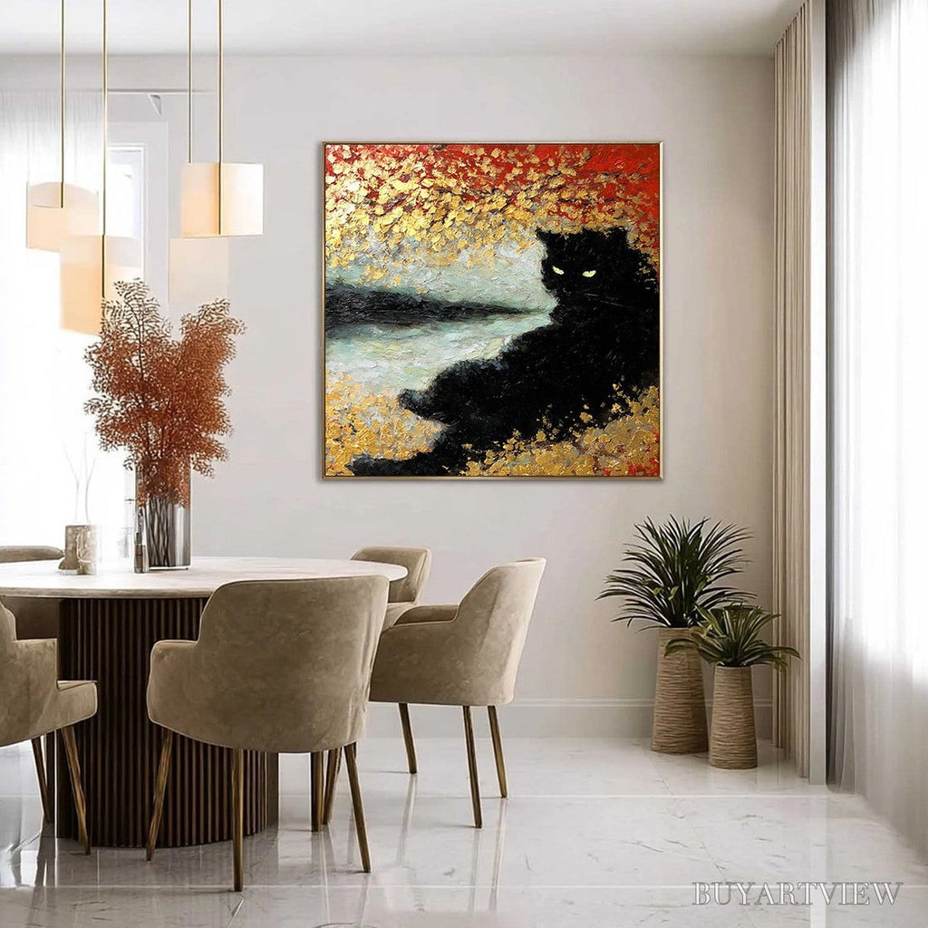 ARTOVITAS Golden Gaze – Textured Impasto Black Cat Painting with Gold Leaf - image 4