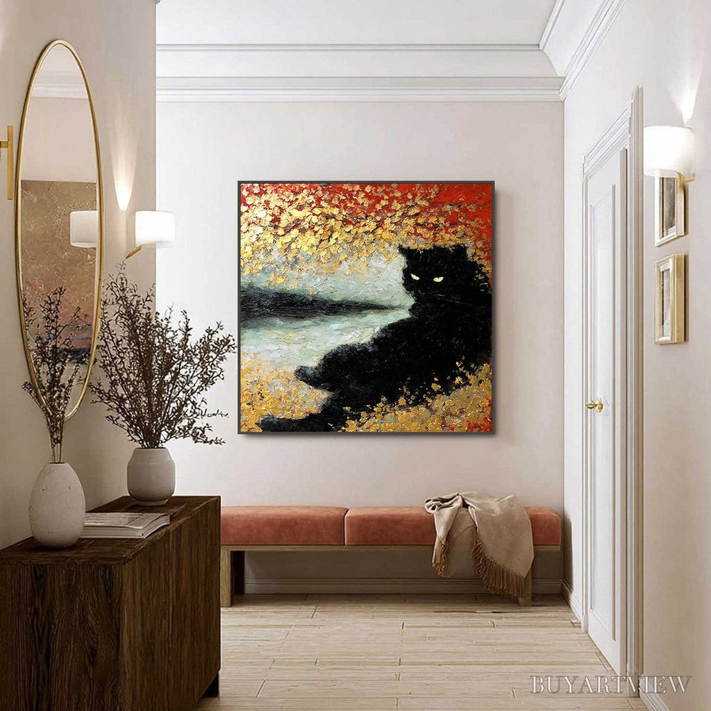 ARTOVITAS Golden Gaze – Textured Impasto Black Cat Painting with Gold Leaf - image 6