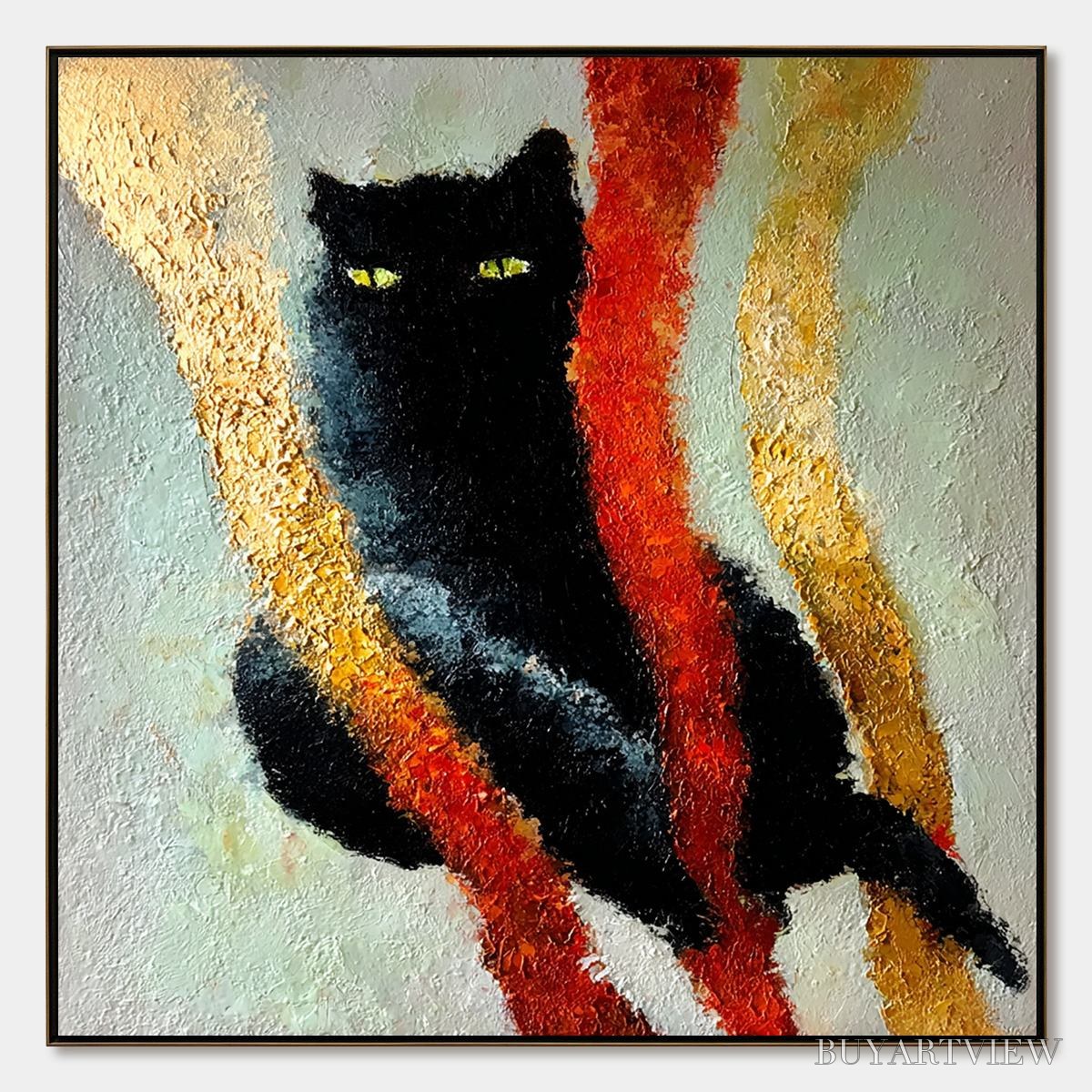 ARTOVITAS Golden Gaze – Textured Impasto Black Cat Painting with Golden Accents - image 1