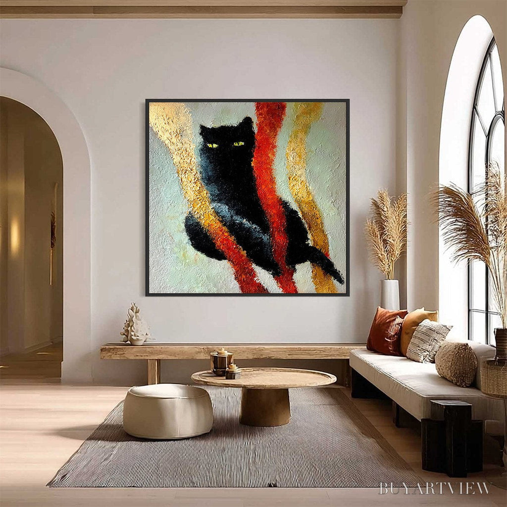 ARTOVITAS Golden Gaze – Textured Impasto Black Cat Painting with Golden Accents - image 2