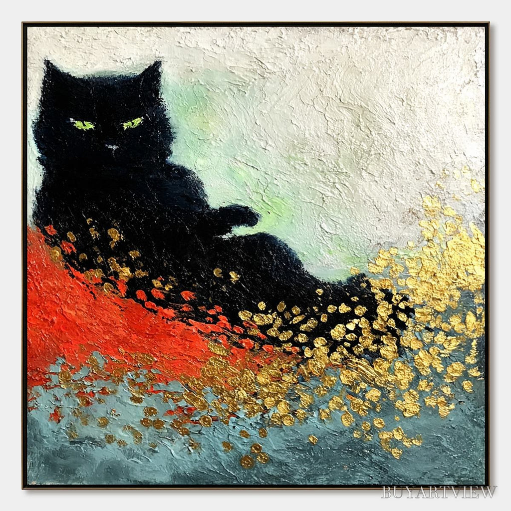 ARTOVITAS Midnight Reign – Abstract Black Cat Painting with Gold Leaf Texture - image 1
