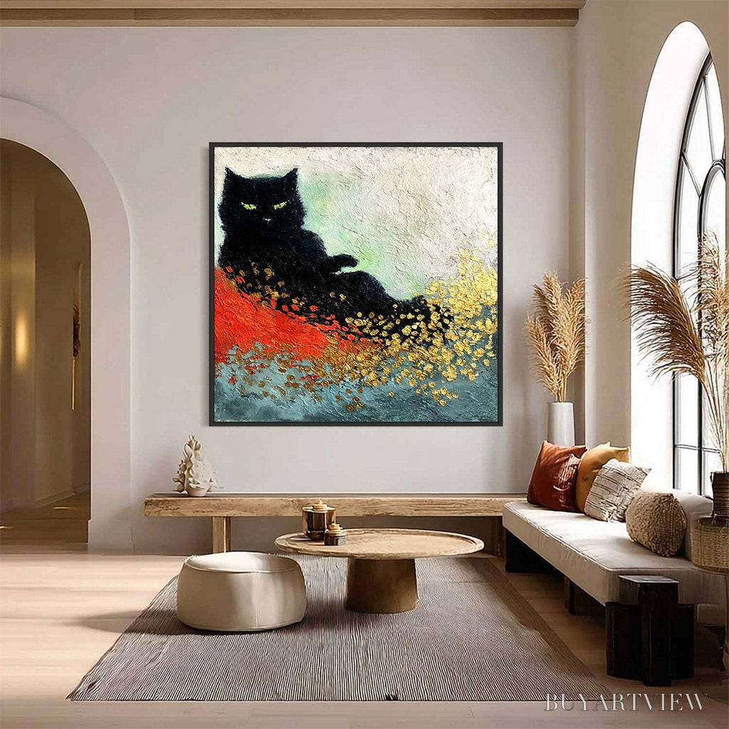 ARTOVITAS Midnight Reign – Abstract Black Cat Painting with Gold Leaf Texture - image 2