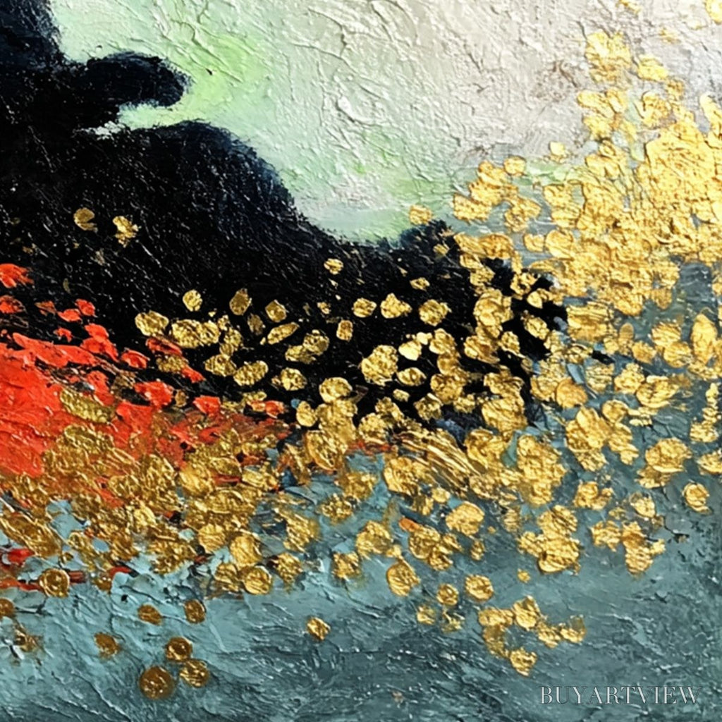 ARTOVITAS Midnight Reign – Abstract Black Cat Painting with Gold Leaf Texture - image 3