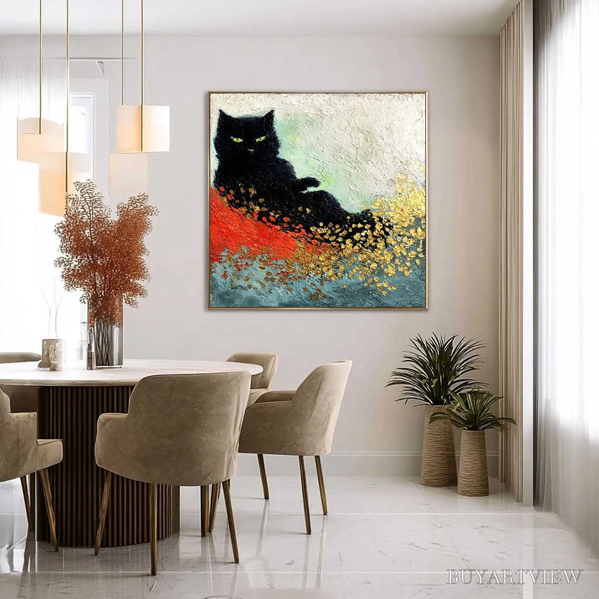 ARTOVITAS Midnight Reign – Abstract Black Cat Painting with Gold Leaf Texture - image 4
