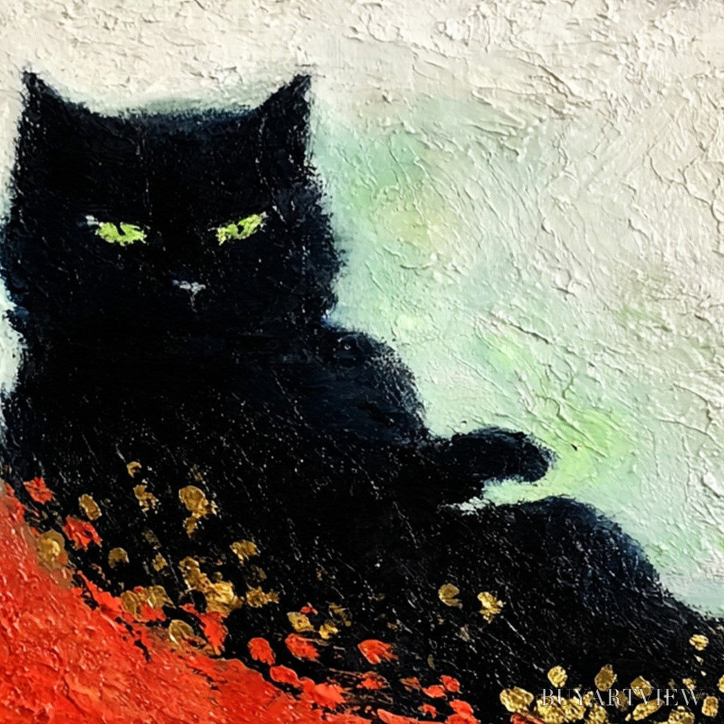 ARTOVITAS Midnight Reign – Abstract Black Cat Painting with Gold Leaf Texture - image 5