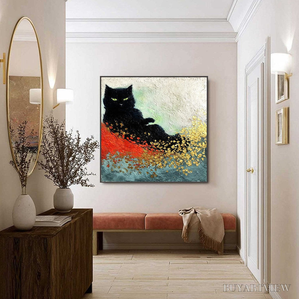 ARTOVITAS Midnight Reign – Abstract Black Cat Painting with Gold Leaf Texture - image 6