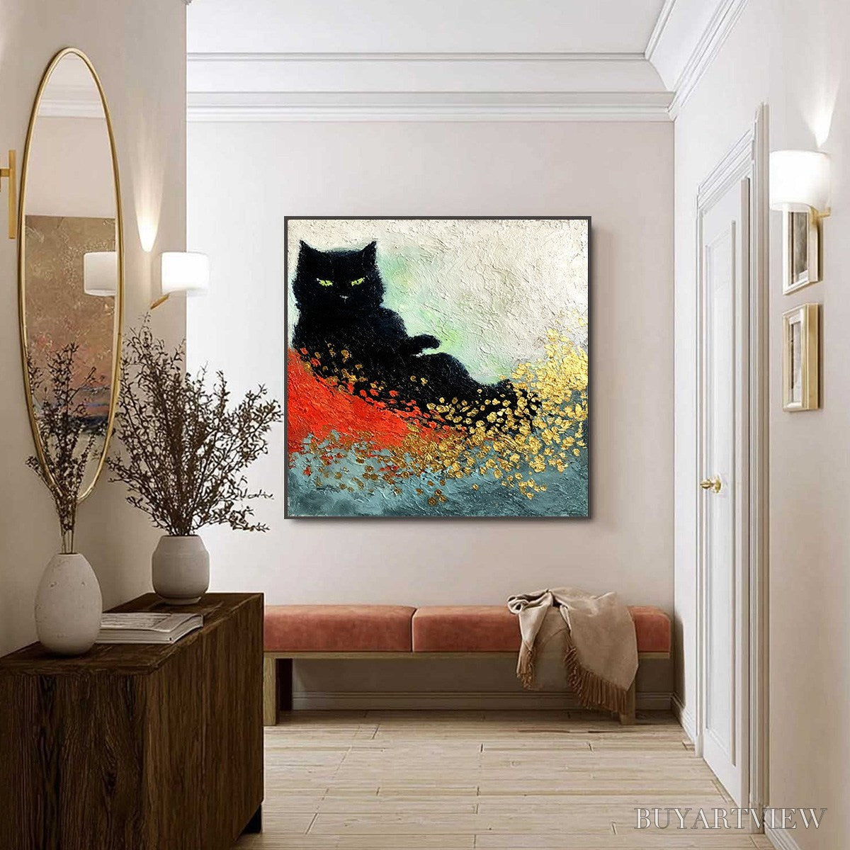 ARTOVITAS Midnight Reign – Abstract Black Cat Painting with Gold Leaf Texture - image 6