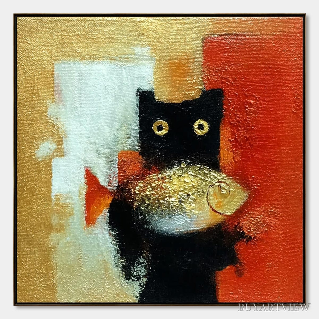 ARTOVITAS the Golden Catch – Whimsical Abstract Black Cat with Golden Fish Painting - image 1