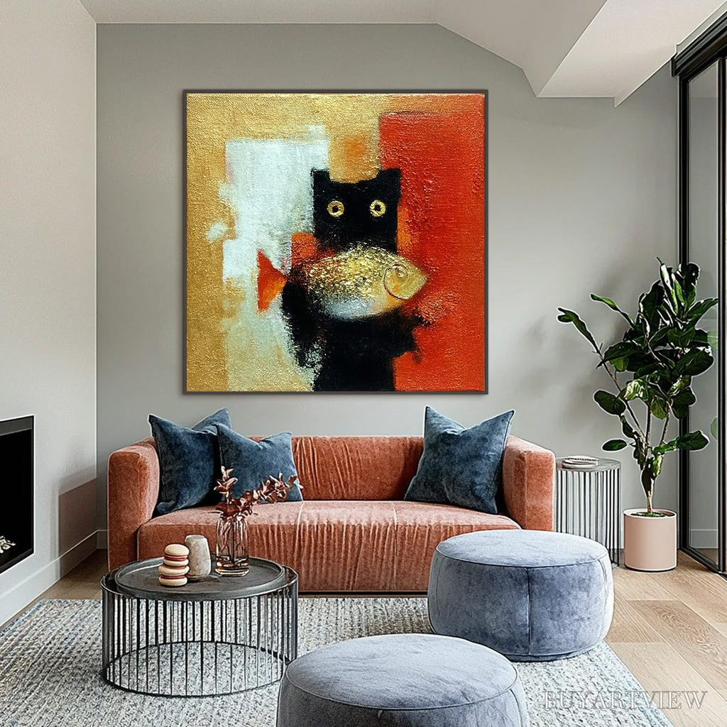 ARTOVITAS the Golden Catch – Whimsical Abstract Black Cat with Golden Fish Painting - image 2