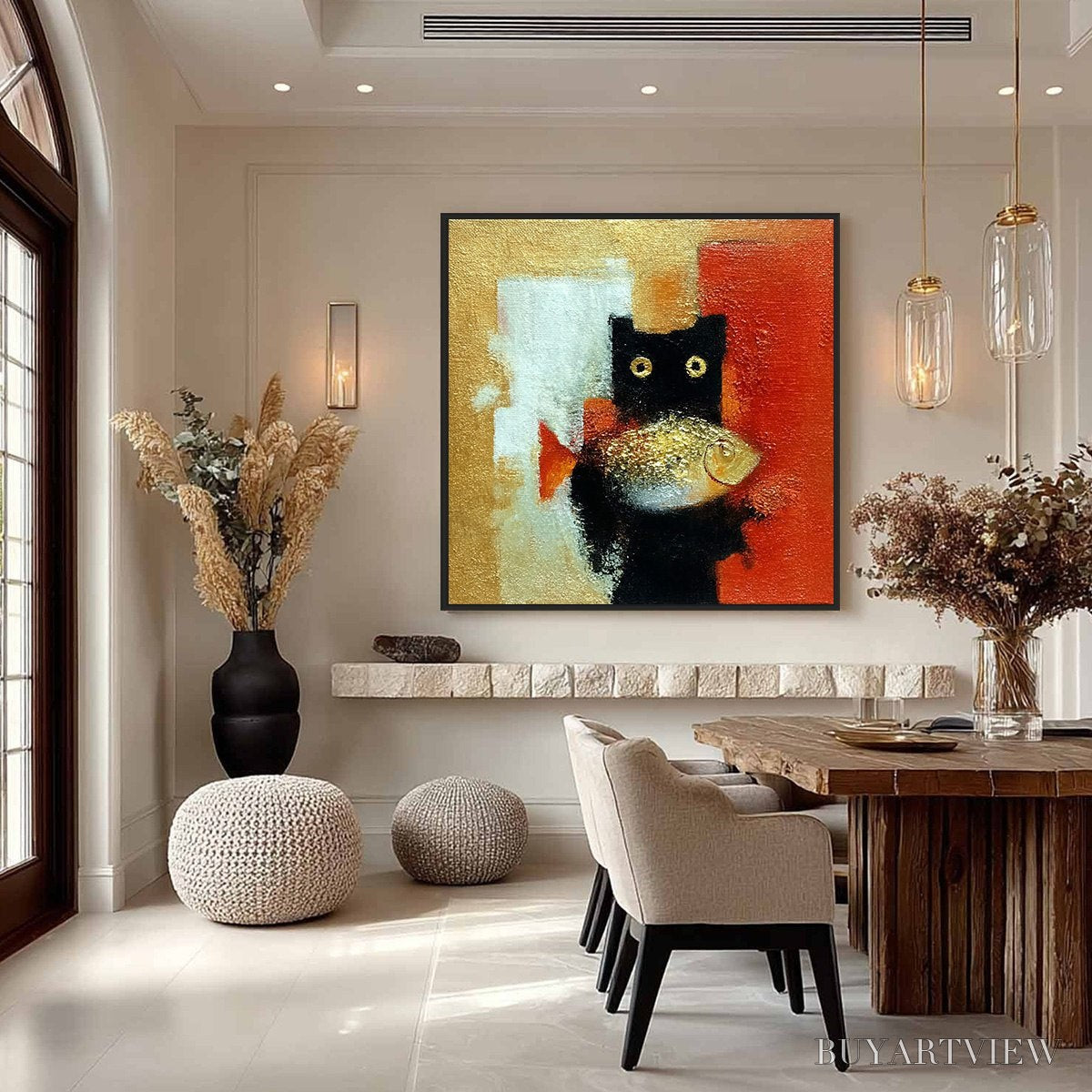 ARTOVITAS the Golden Catch – Whimsical Abstract Black Cat with Golden Fish Painting - image 4