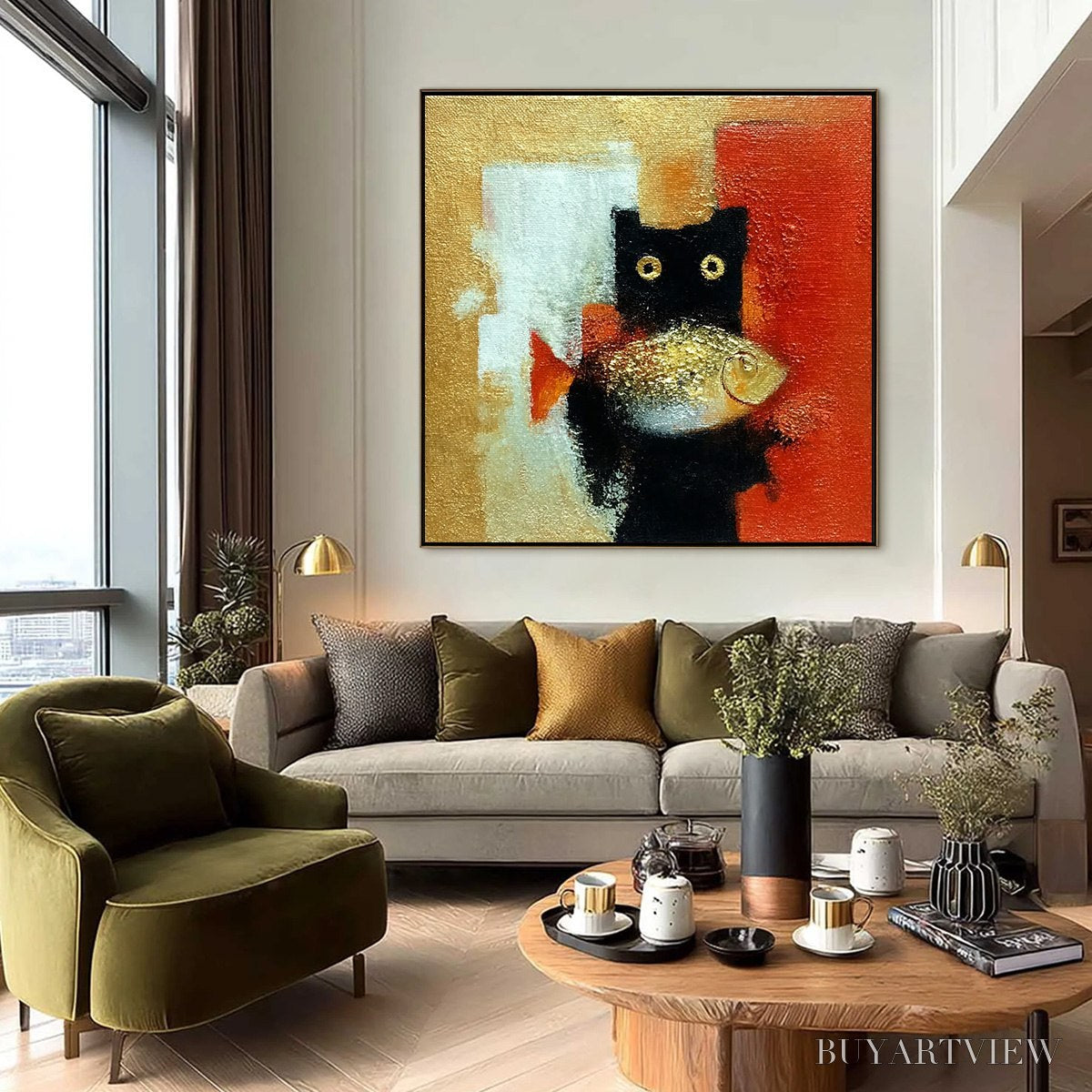 ARTOVITAS the Golden Catch – Whimsical Abstract Black Cat with Golden Fish Painting - image 6
