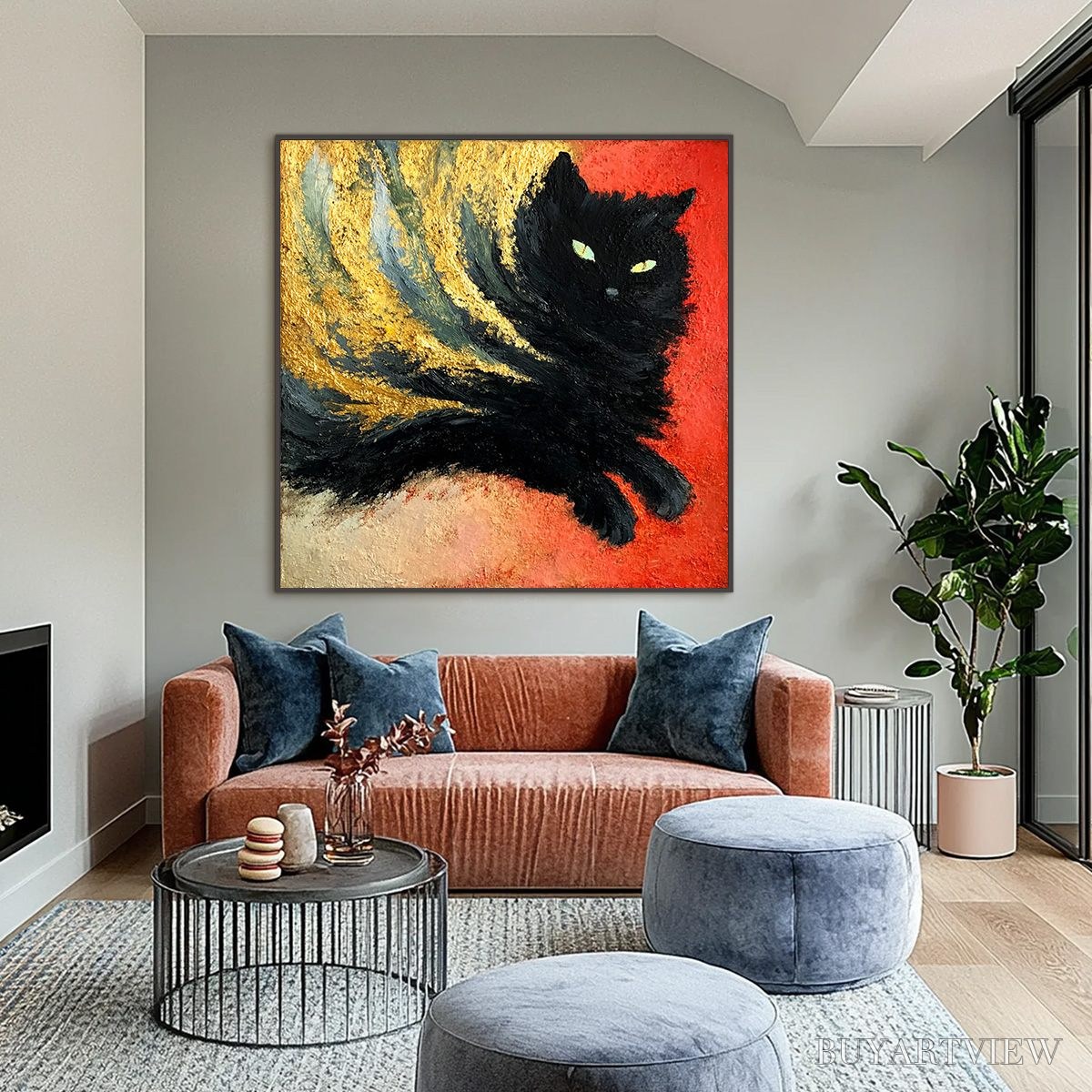 ARTOVITAS Ember Eyes – Bold Abstract Black Cat Painting with Gold Leaf - image 2