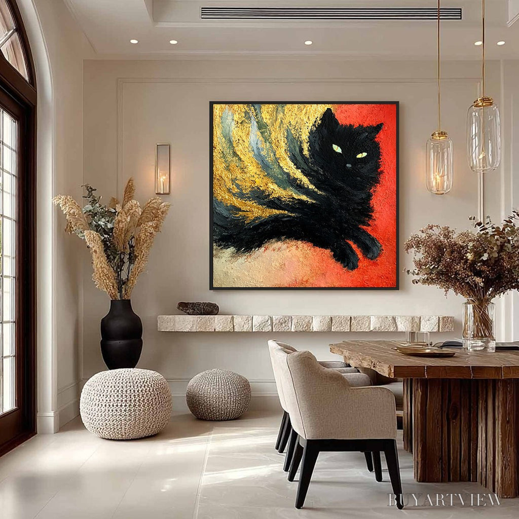 ARTOVITAS Ember Eyes – Bold Abstract Black Cat Painting with Gold Leaf - image 4