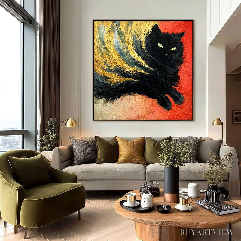 ARTOVITAS Ember Eyes – Bold Abstract Black Cat Painting with Gold Leaf - image 6