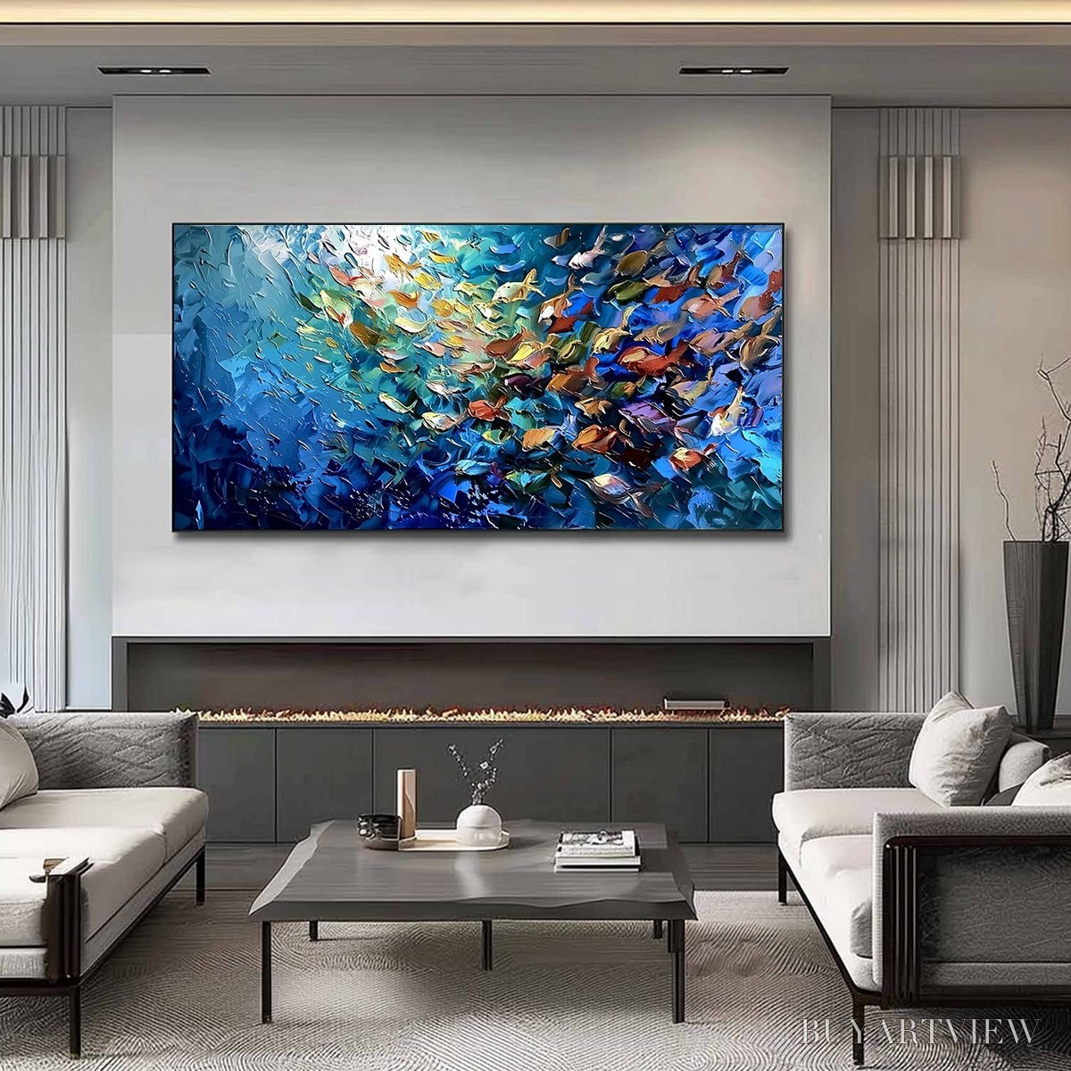 ARTOVITAS Oceanic Convergence – Textured Impasto Painting of a Vibrant School of Fish - image 2