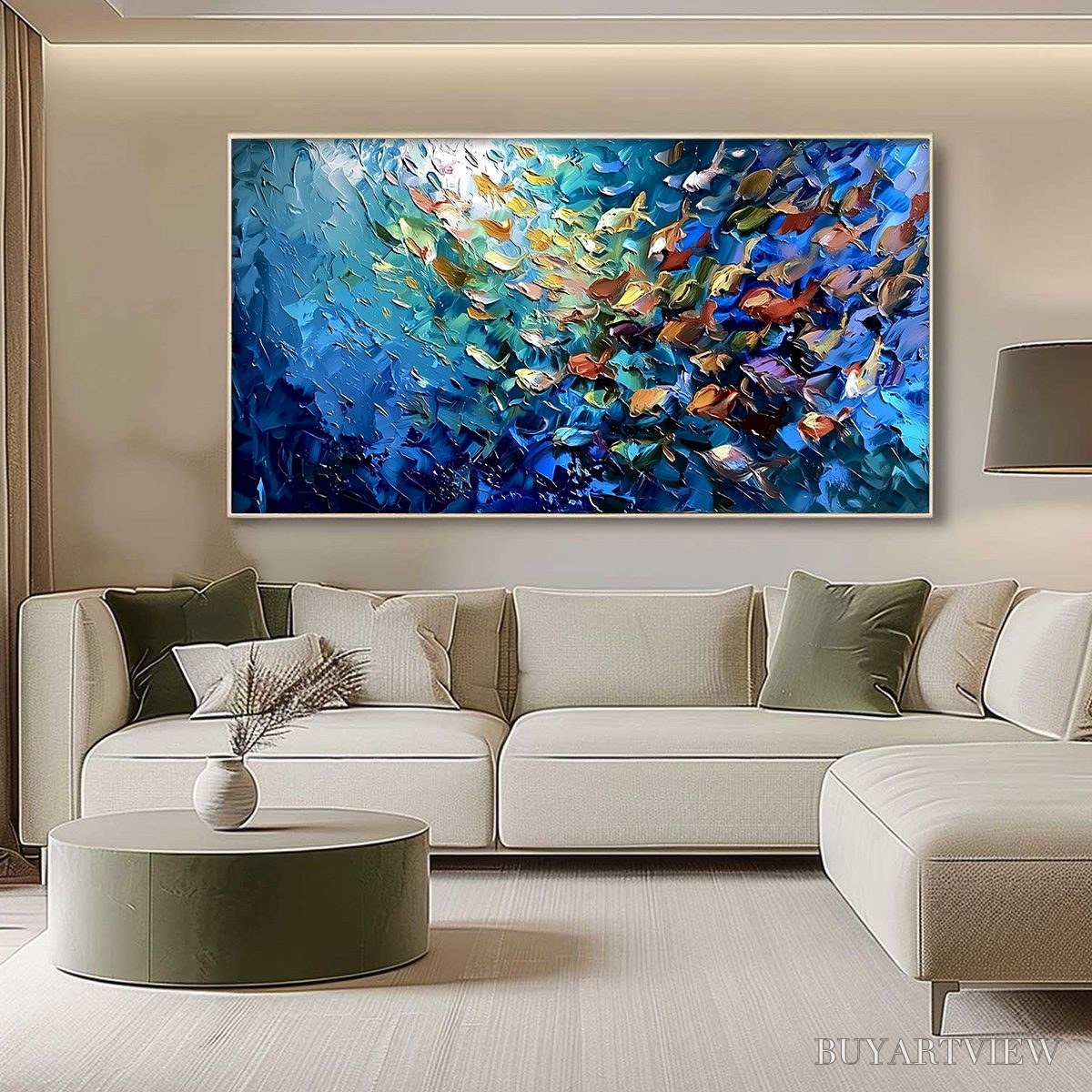 ARTOVITAS Oceanic Convergence – Textured Impasto Painting of a Vibrant School of Fish - image 4