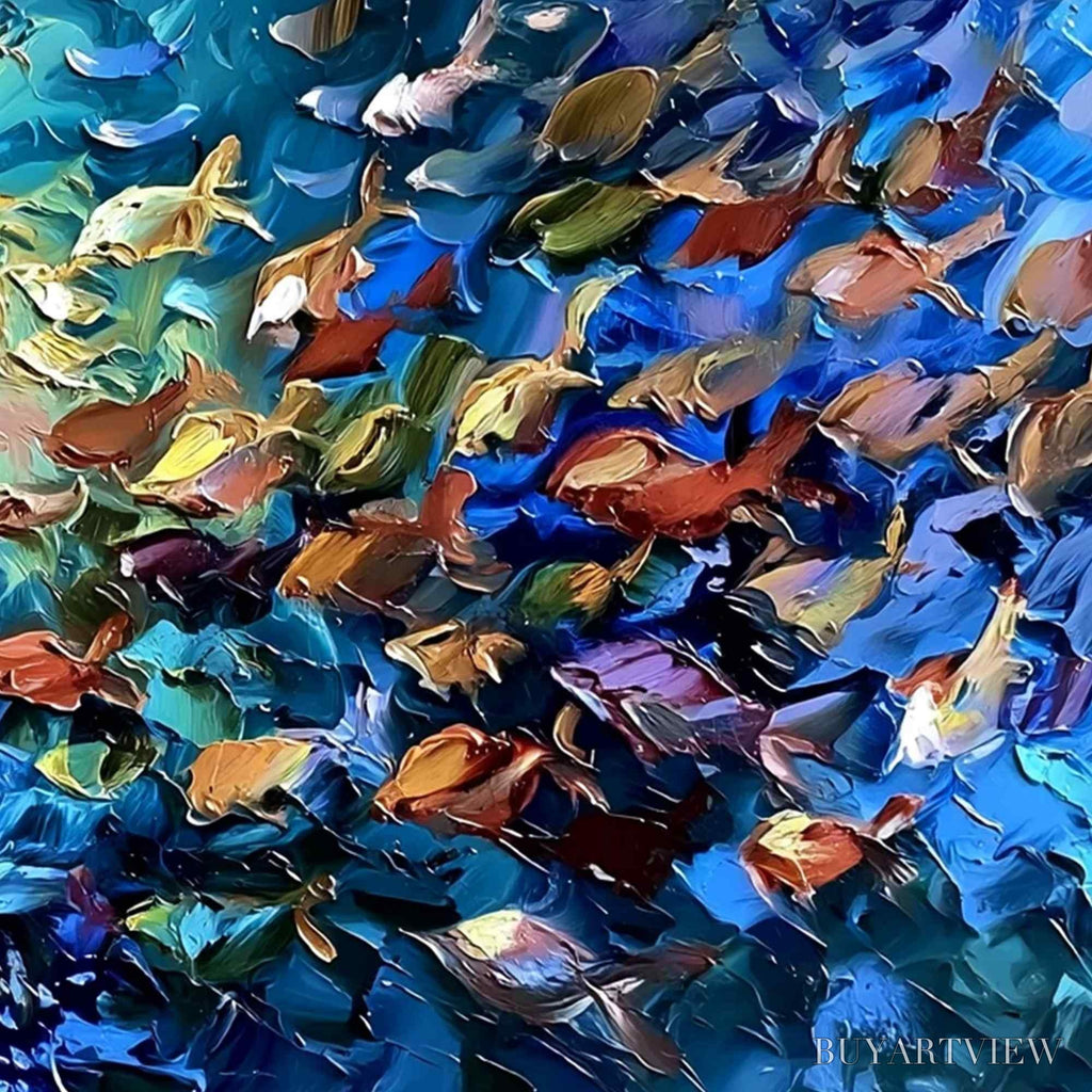 ARTOVITAS Oceanic Convergence – Textured Impasto Painting of a Vibrant School of Fish - image 5