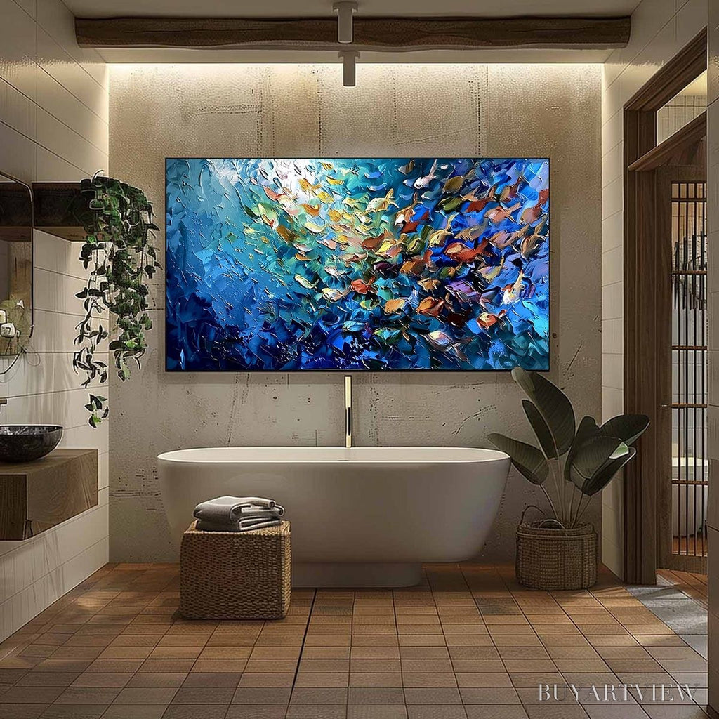 ARTOVITAS Oceanic Convergence – Textured Impasto Painting of a Vibrant School of Fish - image 6