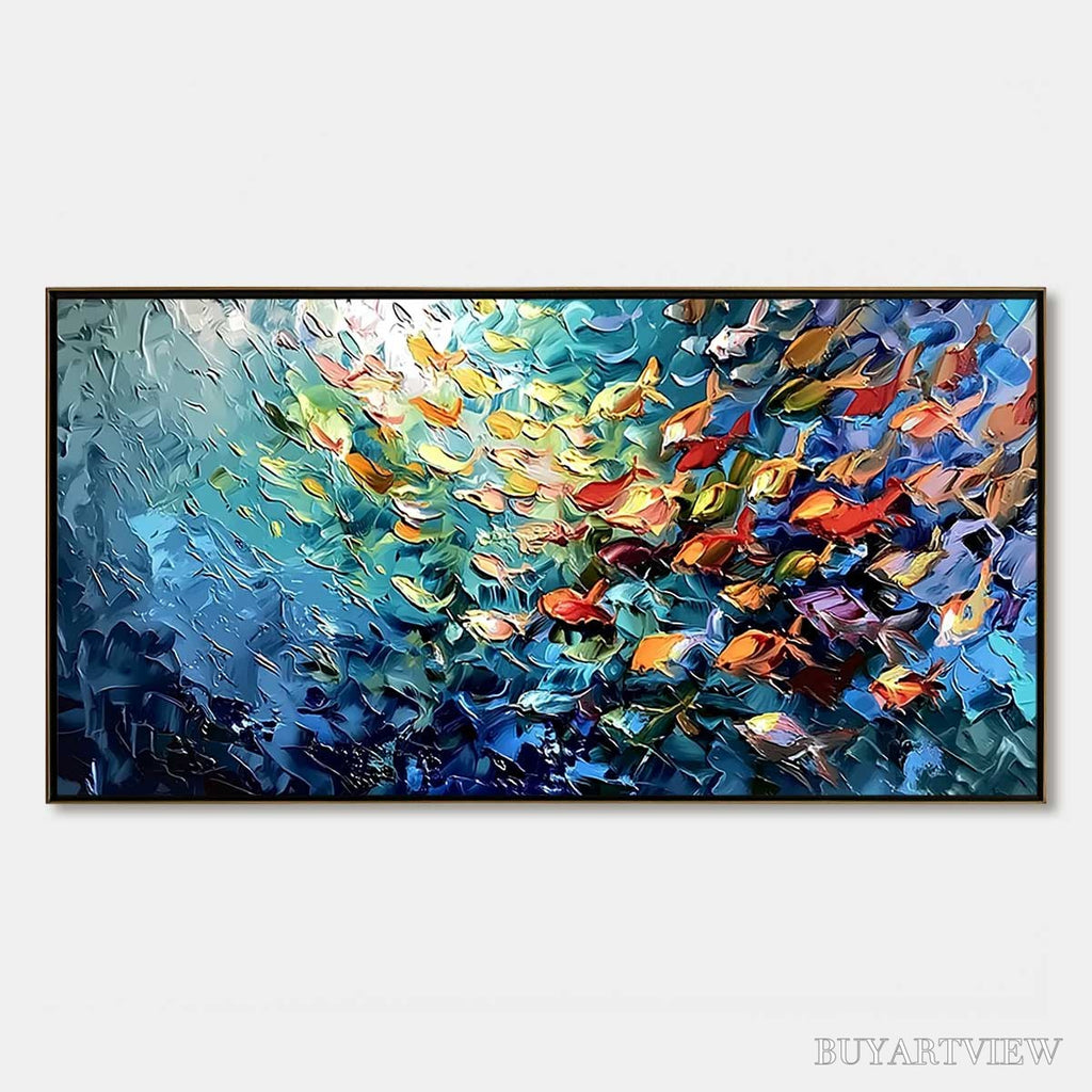 ARTOVITAS Oceanic Rush – Textured Palette Knife Painting of a School of Fish - image 1