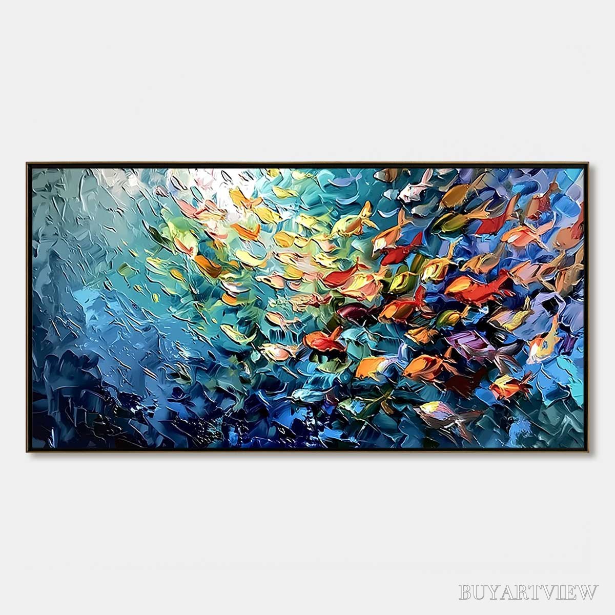 ARTOVITAS Oceanic Rush – Textured Palette Knife Painting of a School of Fish - image 1