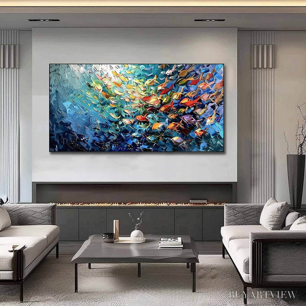 ARTOVITAS Oceanic Rush – Textured Palette Knife Painting of a School of Fish - image 2