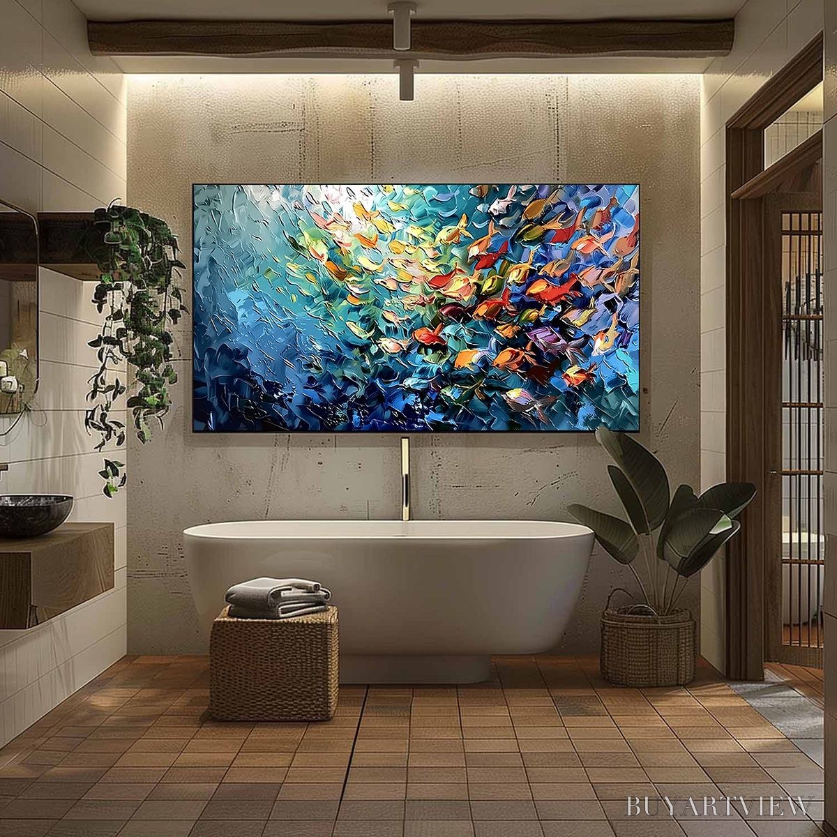 ARTOVITAS Oceanic Rush – Textured Palette Knife Painting of a School of Fish - image 6