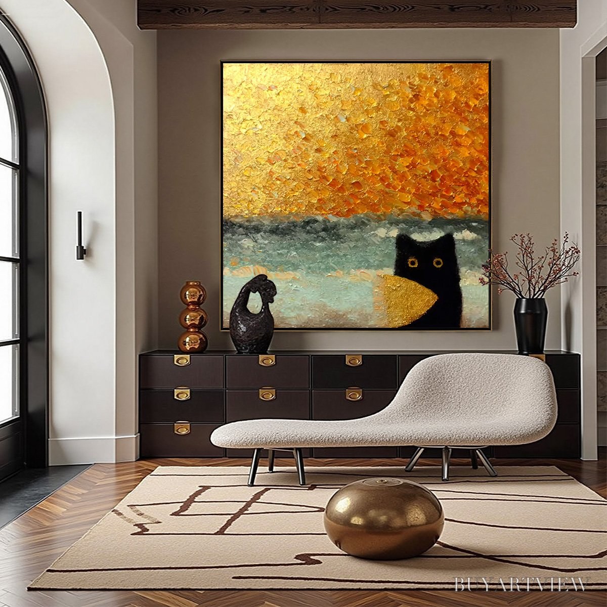 ARTOVITAS Golden Catch – Textured Gold Leaf Abstract Cat Painting - image 2