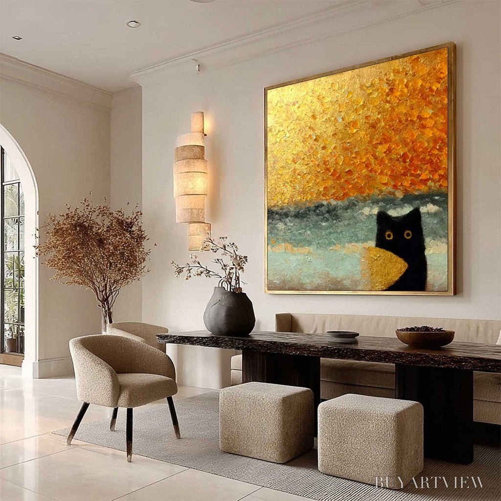 ARTOVITAS Golden Catch – Textured Gold Leaf Abstract Cat Painting - image 5
