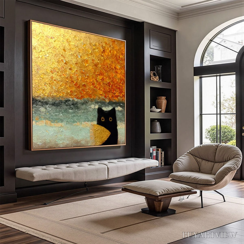 ARTOVITAS Golden Catch – Textured Gold Leaf Abstract Cat Painting - image 6