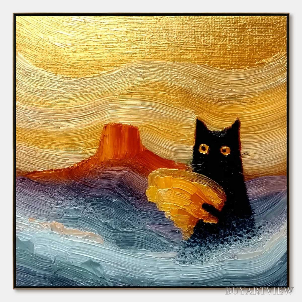 ARTOVITAS Lunar Thief – Whimsical Black Cat Impasto Texture Painting - image 1