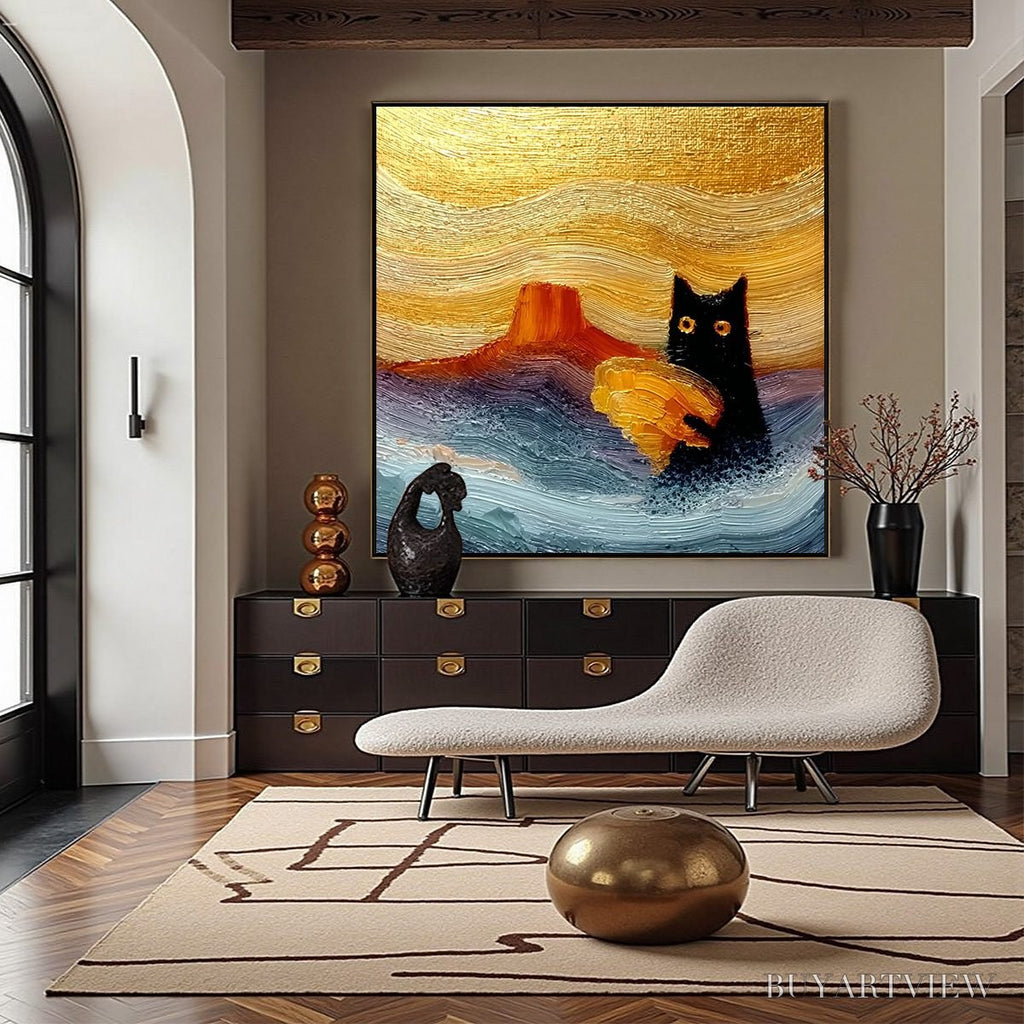 ARTOVITAS Lunar Thief – Whimsical Black Cat Impasto Texture Painting - image 2