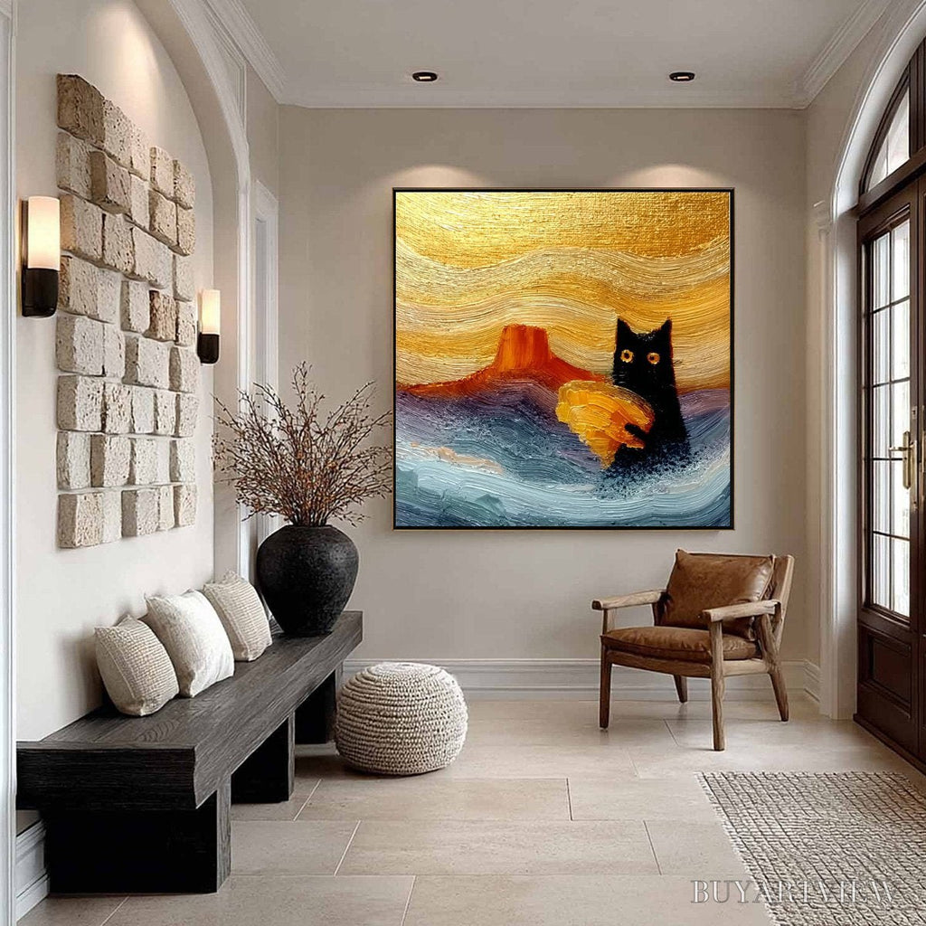 ARTOVITAS Lunar Thief – Whimsical Black Cat Impasto Texture Painting - image 4