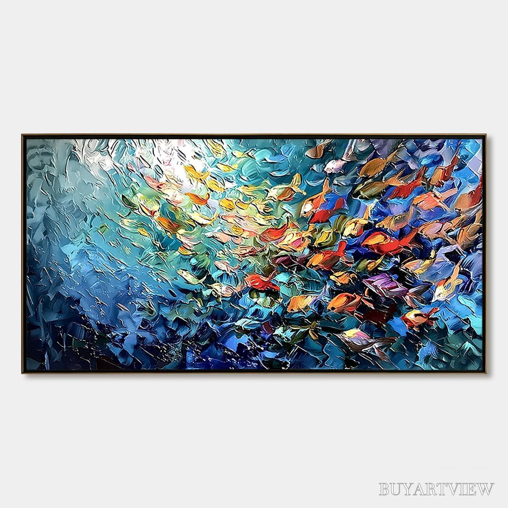 ARTOVITAS River of Life – Colorful Abstract Fish School Impasto Oil Painting - image 1