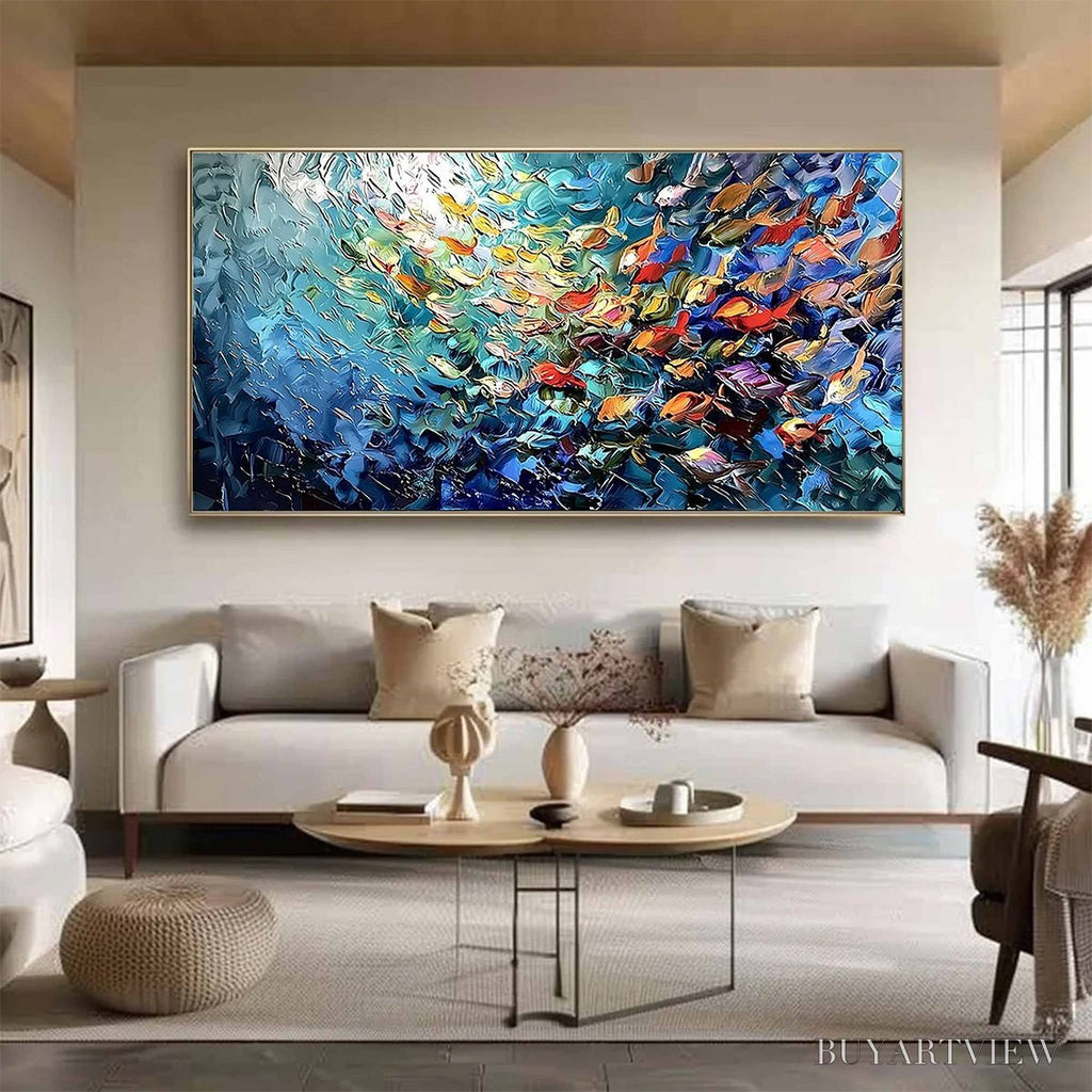 ARTOVITAS River of Life – Colorful Abstract Fish School Impasto Oil Painting - image 2