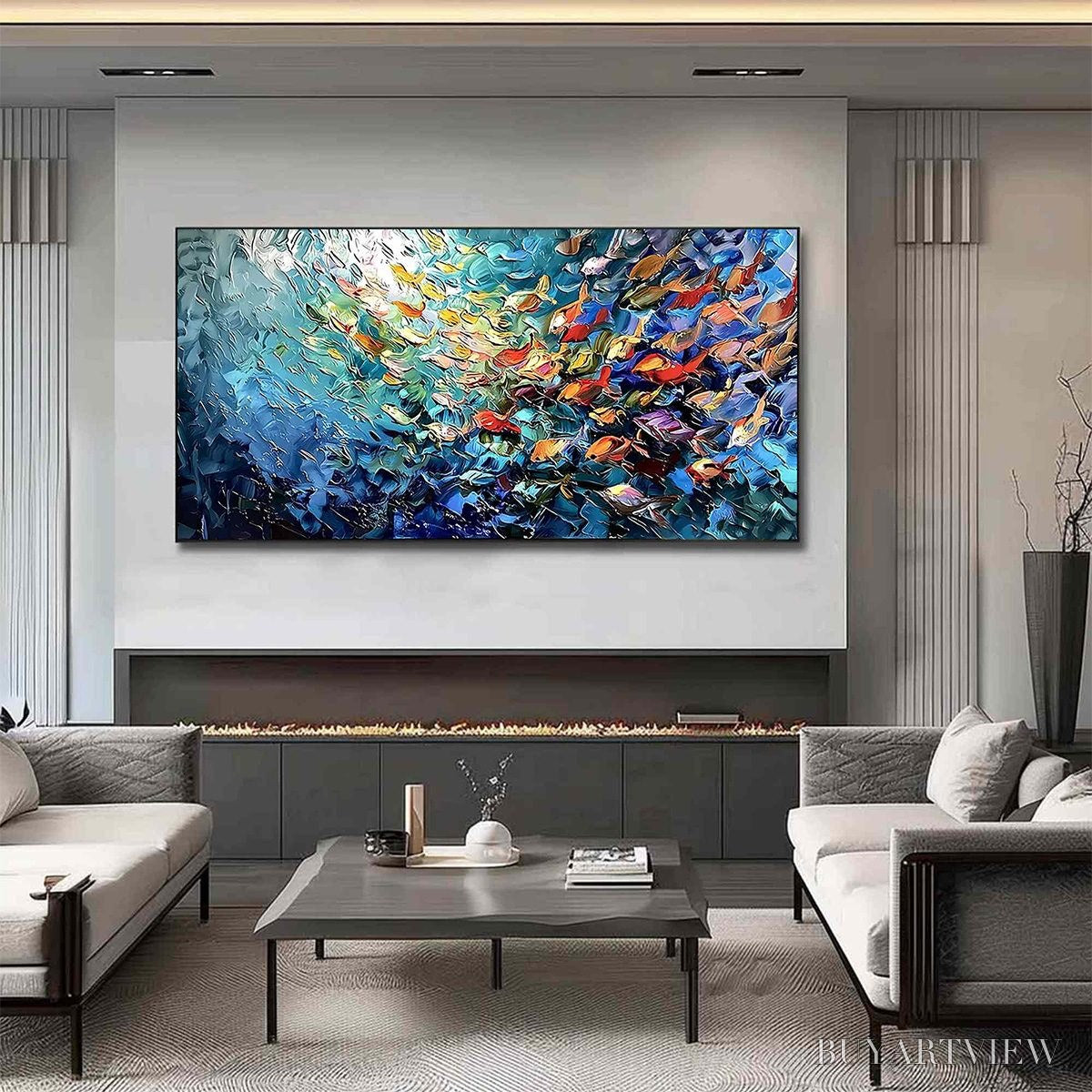 ARTOVITAS River of Life – Colorful Abstract Fish School Impasto Oil Painting - image 4