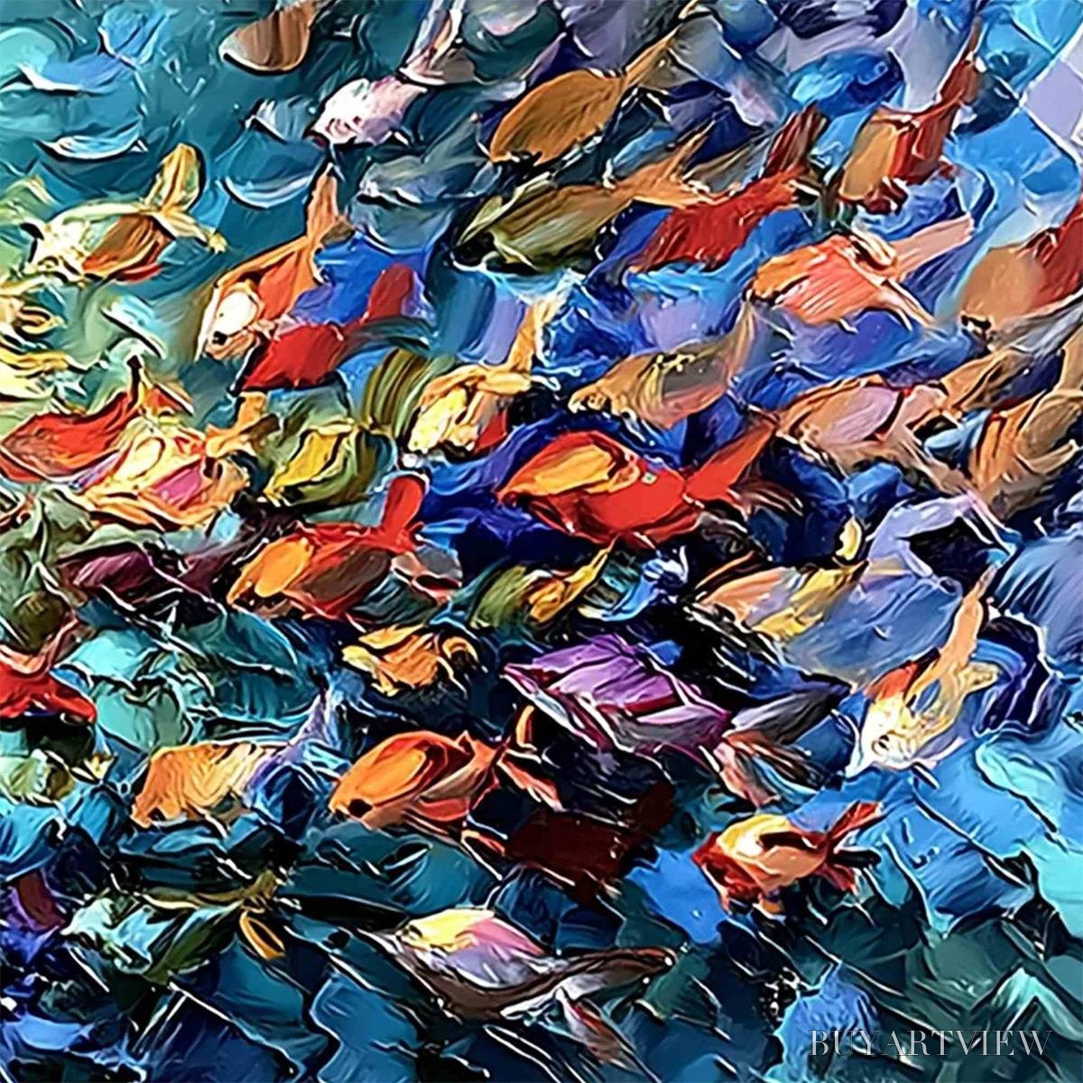 ARTOVITAS River of Life – Colorful Abstract Fish School Impasto Oil Painting - image 5
