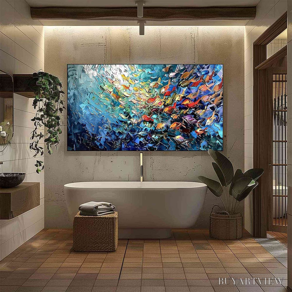 ARTOVITAS River of Life – Colorful Abstract Fish School Impasto Oil Painting - image 6