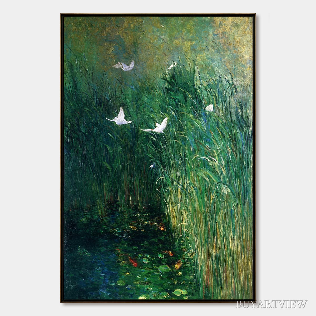 ARTOVITAS Emerald Flight – Vibrant Nature Painting of Birds Over a Serene Pond - image 1