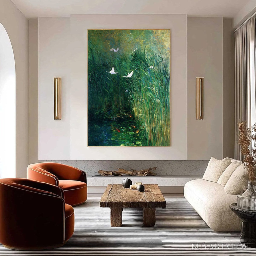 ARTOVITAS Emerald Flight – Vibrant Nature Painting of Birds Over a Serene Pond - image 2