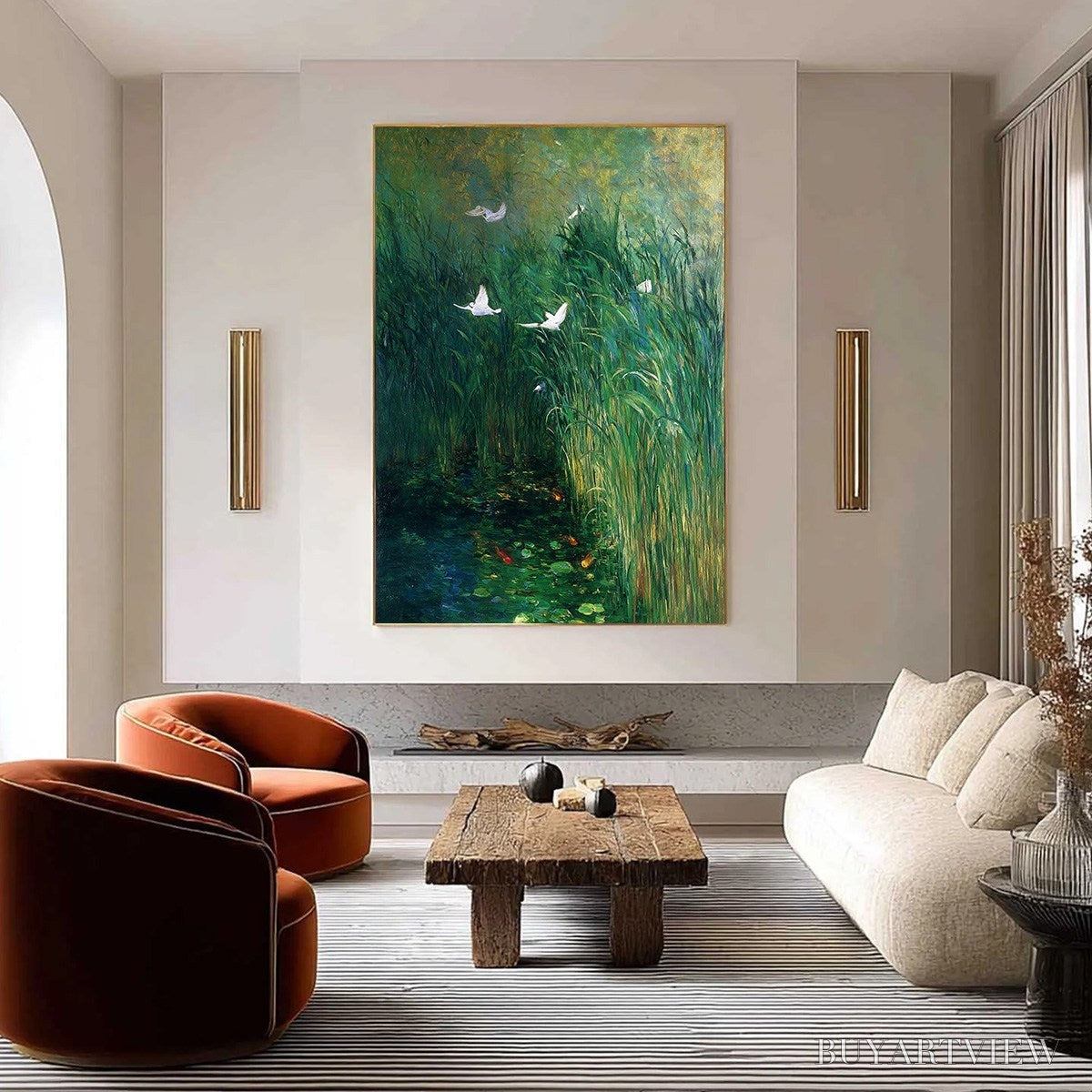 ARTOVITAS Emerald Flight – Vibrant Nature Painting of Birds Over a Serene Pond - image 2