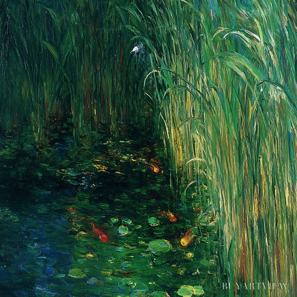 ARTOVITAS Emerald Flight – Vibrant Nature Painting of Birds Over a Serene Pond - image 3