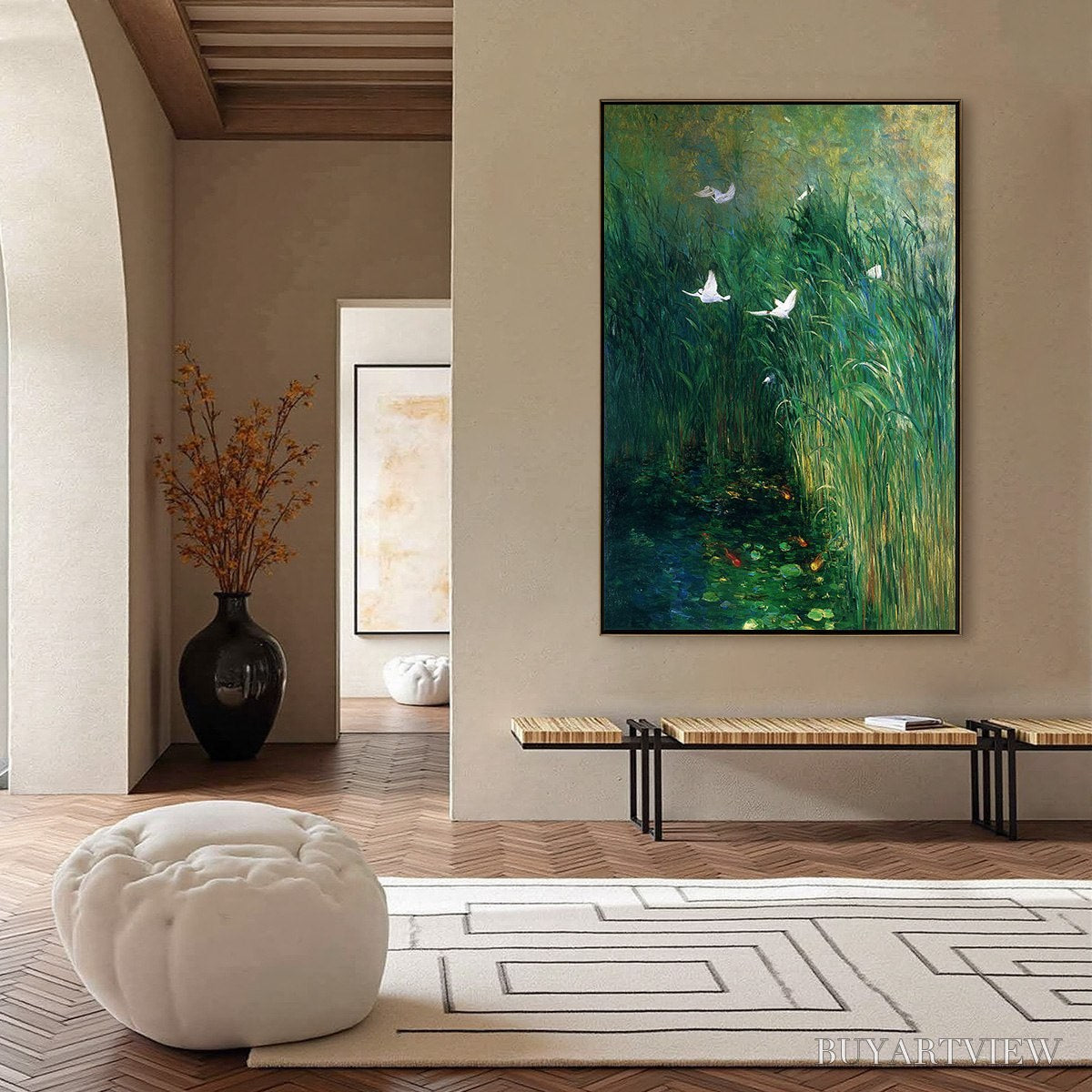 ARTOVITAS Emerald Flight – Vibrant Nature Painting of Birds Over a Serene Pond - image 4