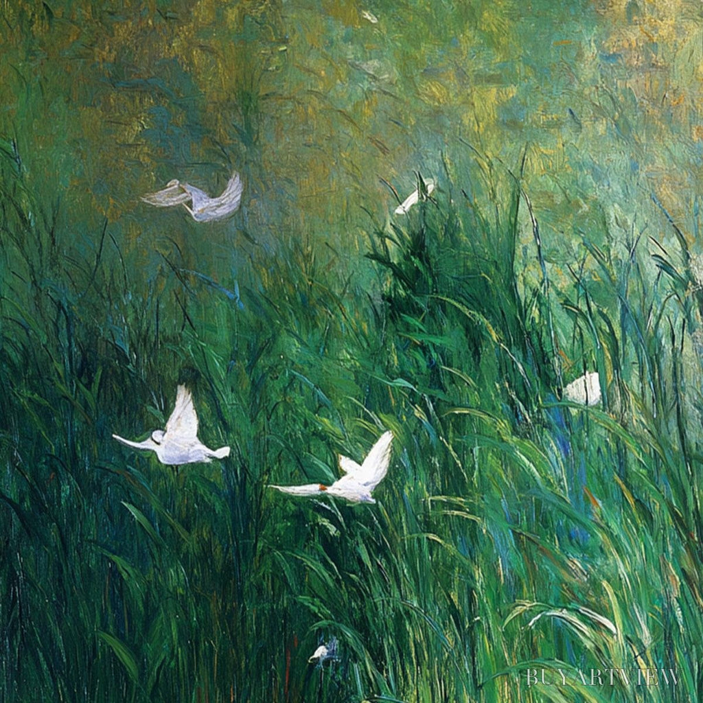 ARTOVITAS Emerald Flight – Vibrant Nature Painting of Birds Over a Serene Pond - image 5