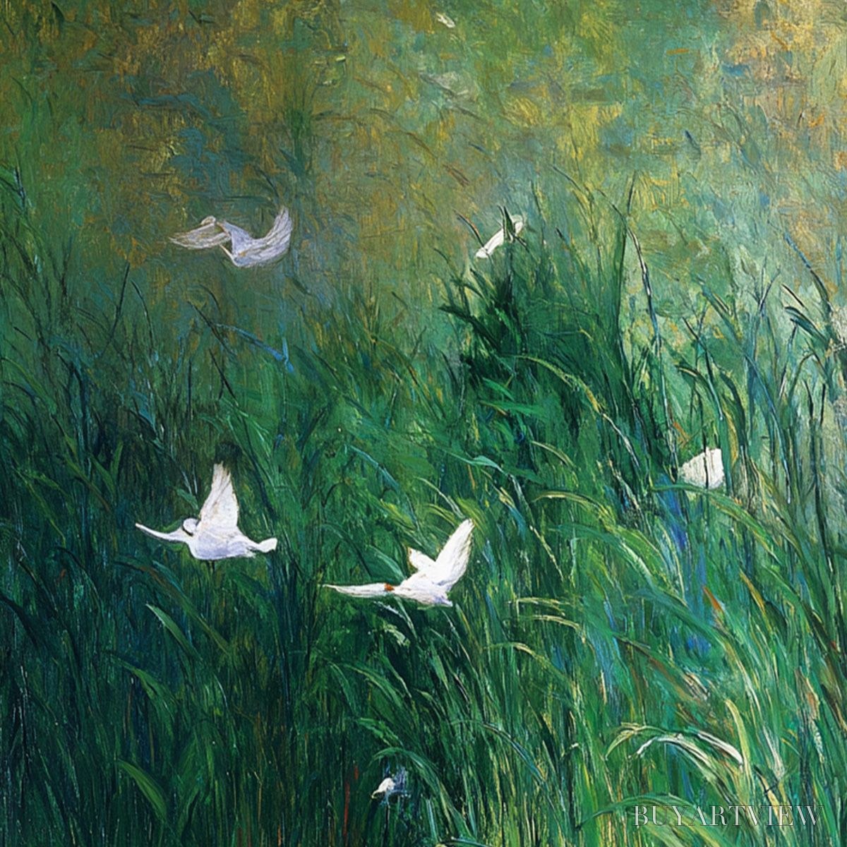 ARTOVITAS Emerald Flight – Vibrant Nature Painting of Birds Over a Serene Pond - image 5