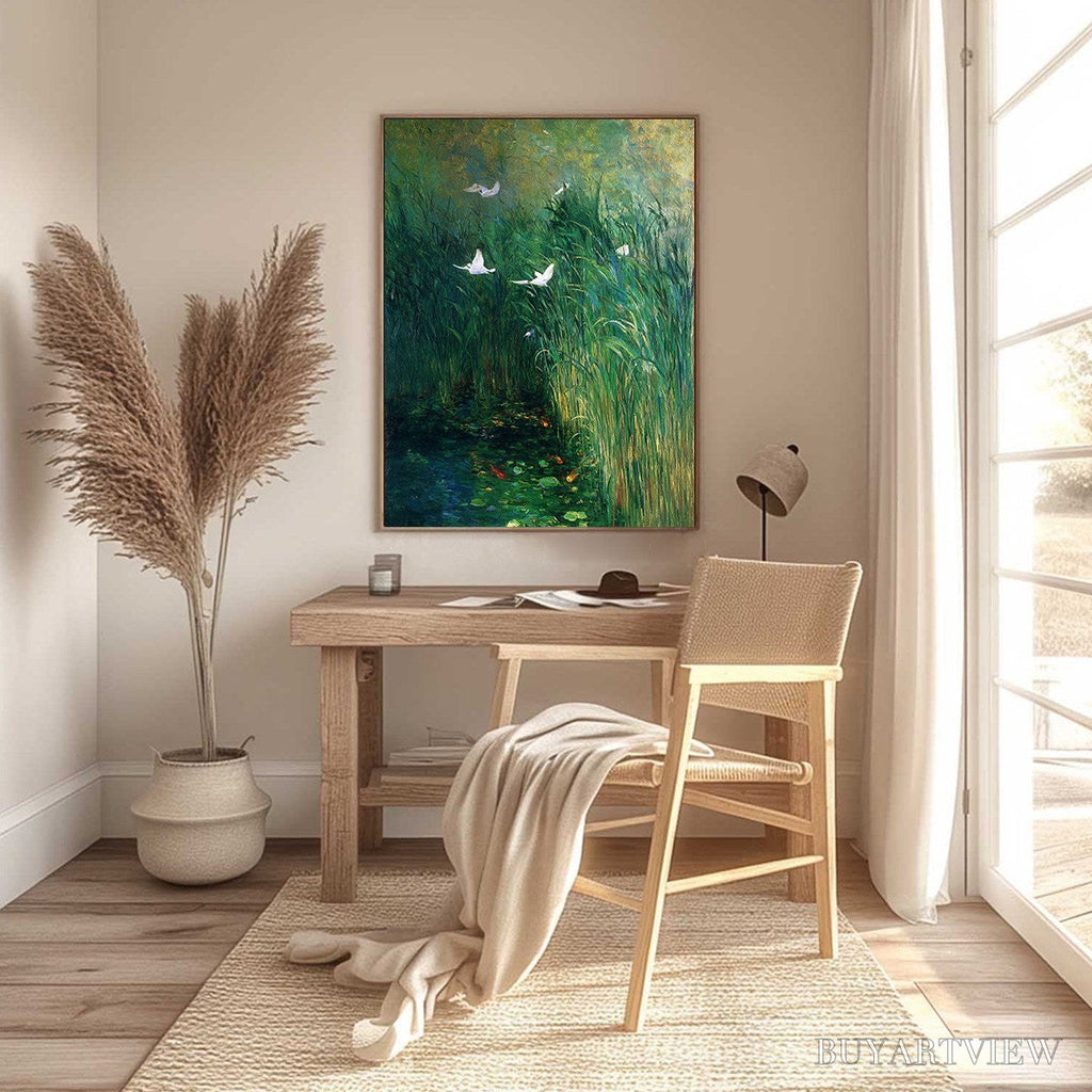 ARTOVITAS Emerald Flight – Vibrant Nature Painting of Birds Over a Serene Pond - image 6